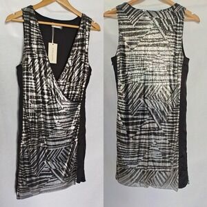 Ramy Brook Dress‎ Printed Lola Black Silver Wrap Mini 2 Metal Relaxed Deep V New